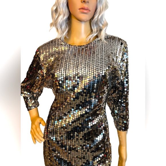 Oleg Cassini EUC Size 12 Vintage Silver Sequined 70s Disco Mini Dress (0470) - Picture 3 of 11
